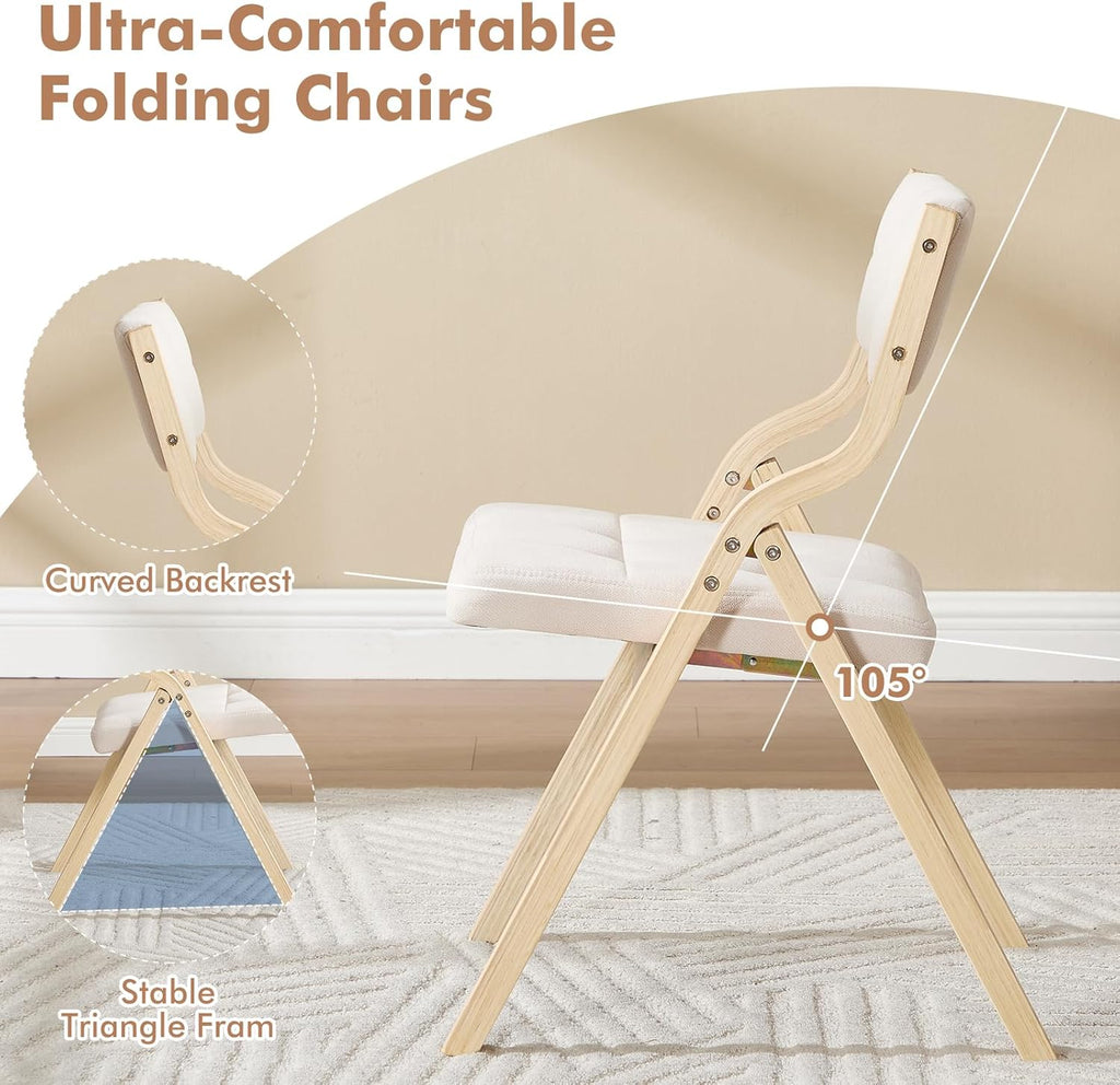 Folding Dining Chairs with Cushion Set of 2,Padded Foldable Dining Chairs,Portable Wooden Folding Chairs for Dining Rooms Kitchen Wedding and Party Indoor Beige