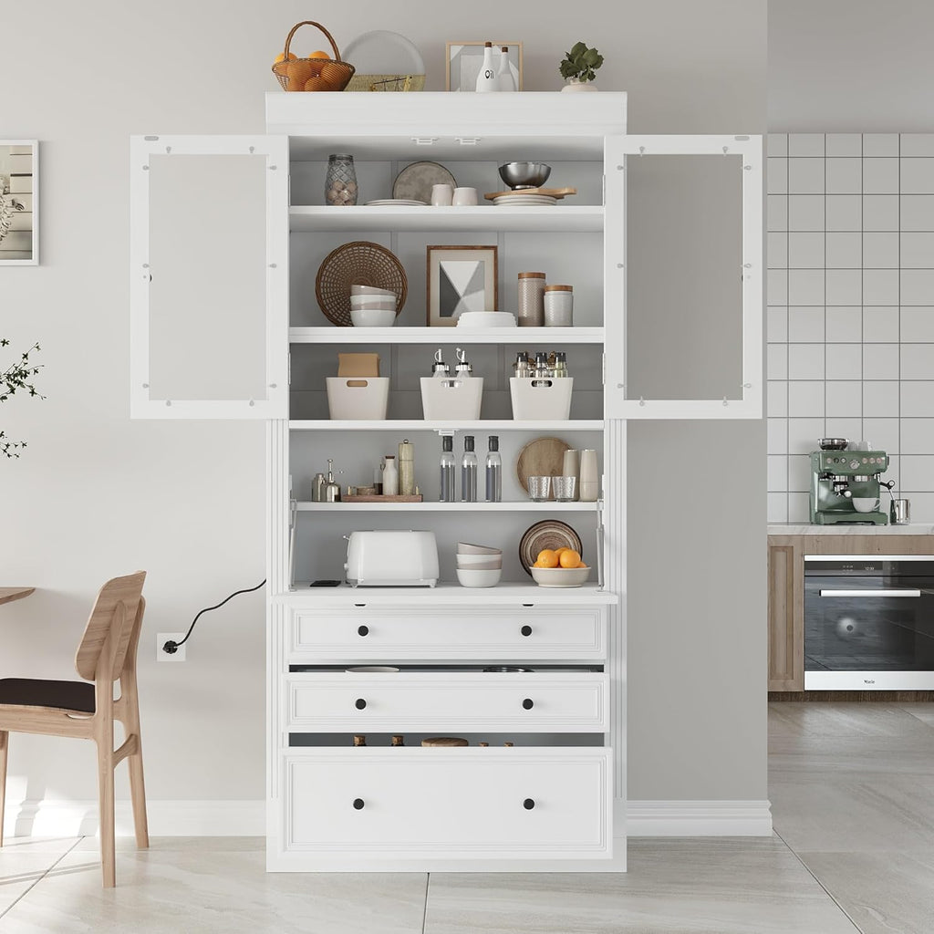 Merax 78'' Extra-Tall Kitchen Pantry Storage Cabinet, Freestanding Multifunctional Cupboard with 3 Drawers & 2 Adjustable Shelves & Power Outlet & Drop-Down Surface, for Dining and Living Room, White