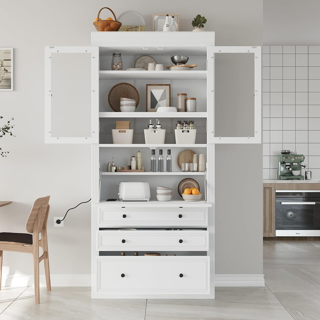 roomfitters 78 Inch Tall Kitchen Pantry Storage Cabinet with Power Outlet and Drop-Down Surface, White