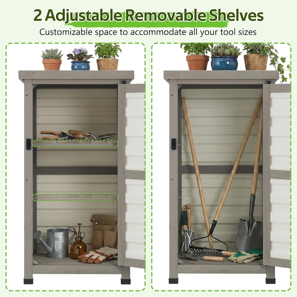 Small Outdoor Storage Cabinet with Metal Top, 2-Tier Patio Potting Bench & Garden Tool Organizer, Adjustable Shelf Corner Storage Cabinet for Balcony Backyard Porch