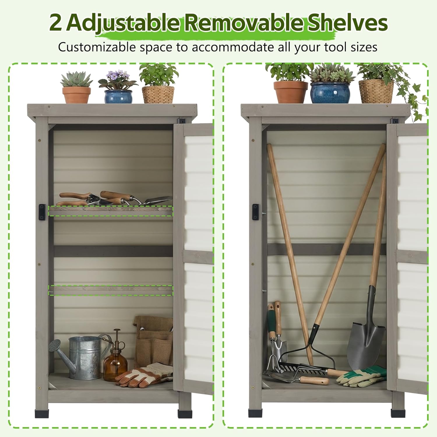 Small Outdoor Storage Cabinet with Metal Top, 2-Tier Patio Potting Bench & Garden Tool Organizer, Adjustable Shelf Corner Storage Cabinet for Balcony Backyard Porch