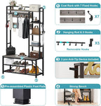 BON AUGURE Hall Tree with Bench and Shoe Storage, Entryway Bench with Coat Rack, Wooden Metal Coat Tree with Hooks, 5 in 1 Multifunctional Shoe Benches and Wall Rack (Dark Gray Oak)