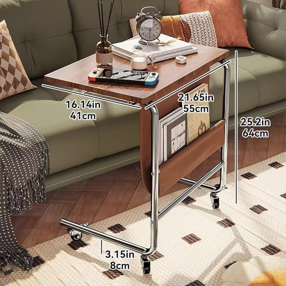 C Shaped End Table Side Table with Wheels C Shape for Couch, Sofa with PU Storage Bag Laptop Recliner Tables for Living Room Bedroom (Brown)