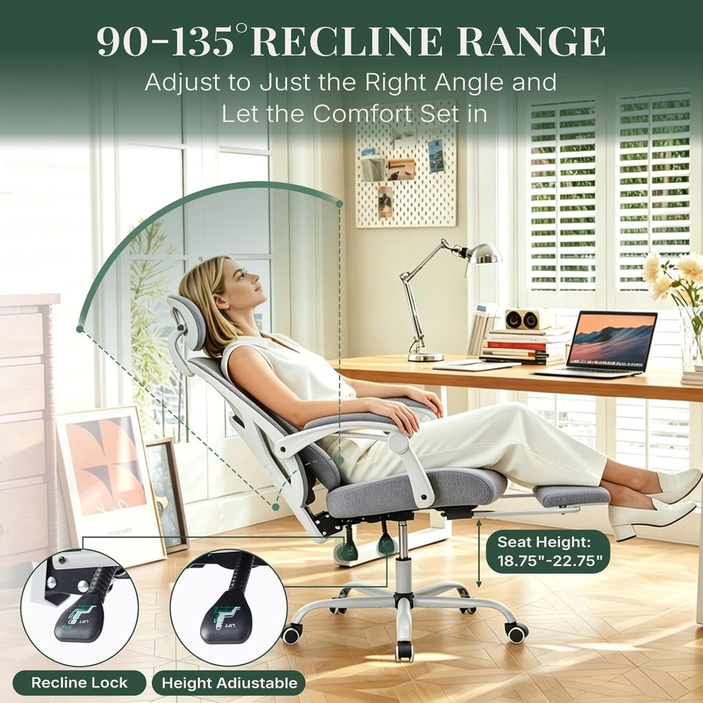 Ergonomic Office Chair with Footrest, High Back Home Desk Chair with Lumbar Support & Headrest, 90-135° Reclining Mesh Back Computer Chair with Wheels for Work, Gaming, Grey
