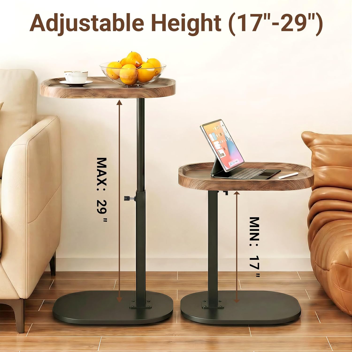 Adjustable Height TV Dinner Tray Table for Eating, 360°Swivel Small C Shaped End Side Table for Living Room, Bedroom,Hospital, Couch Armrest Table that Slide Under Sofa, Bed, Desk