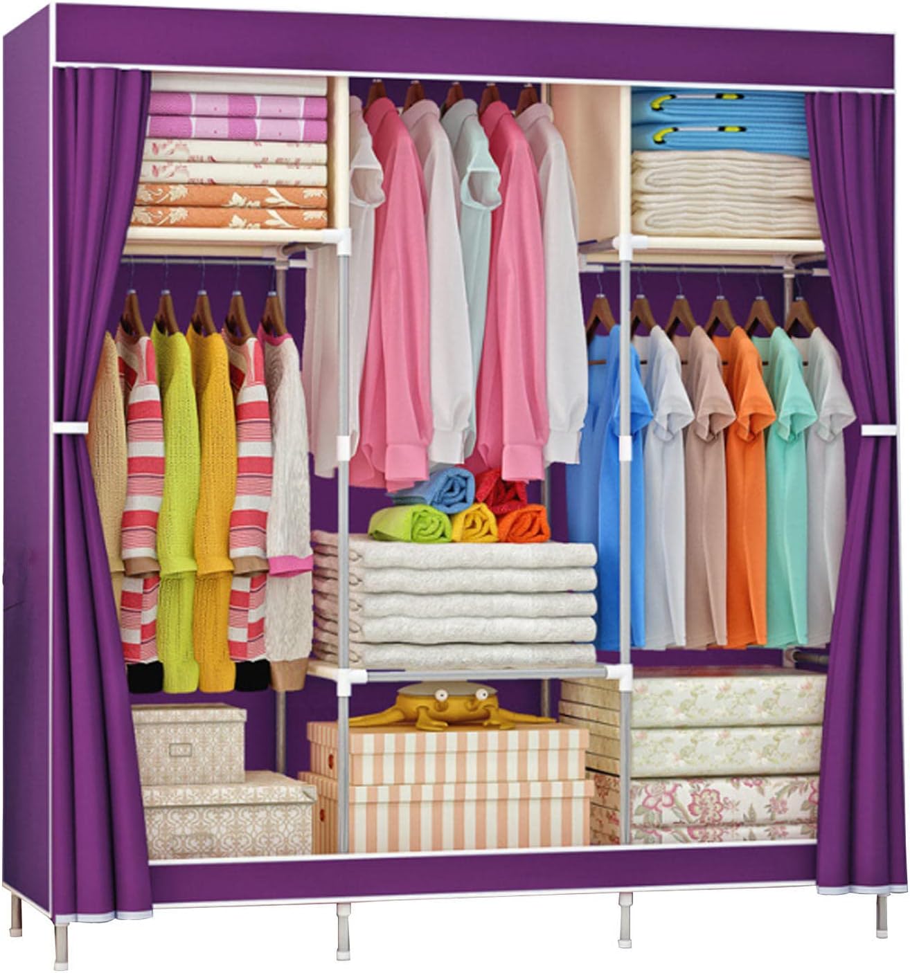 Wardrobe Canvas Wardrobe Fabric Wardrobe Foldable Clothes Closet Storage Organizer with Hanging Rail,Wardrobe Shelves for Bedroom,Purple-105x46x156cm