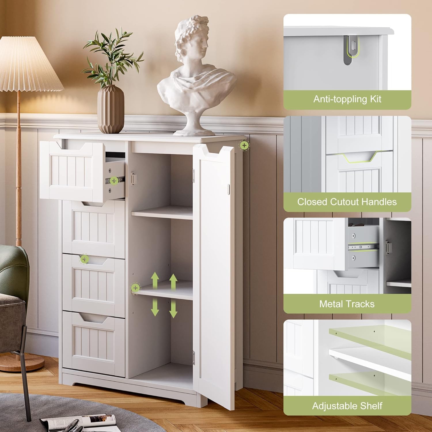 Gizoon Small Pantry Storage Cabinet with Door and Shelves, 33'' Kitchen Pantry Freestanding Wooden Bathroom Storage Cabinet with 4 Drawers for Kitchen and Dining Room, White, Painted