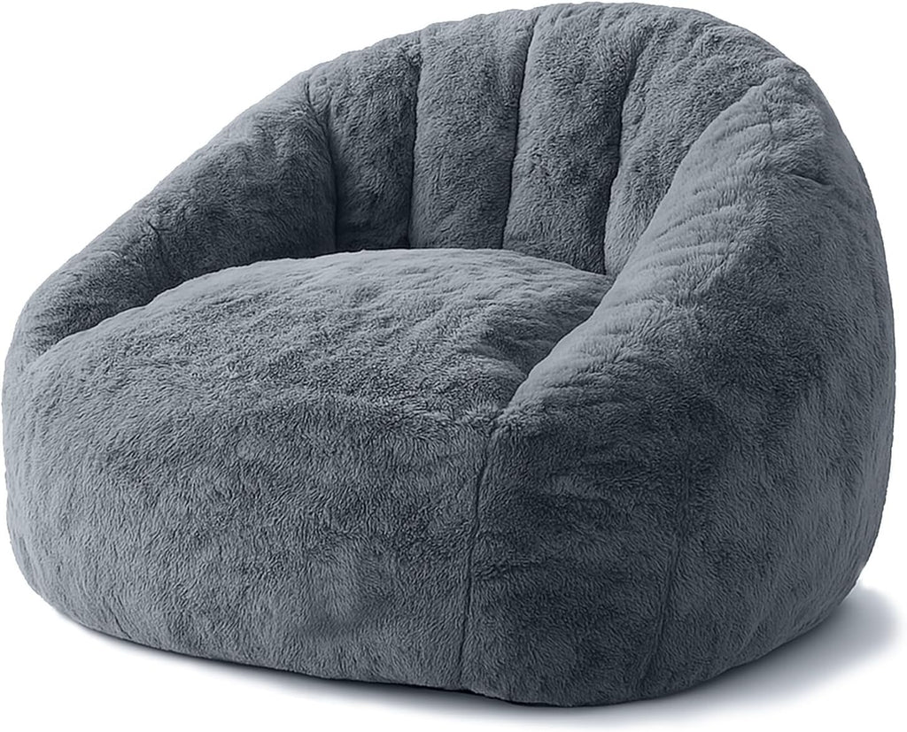 Bean Bag Chair, Shell-Shaped Bean Bag Couch for Adults, Giant Bean Sofa with High-Rebound Memory Foam, Chair with Faux Fur Removable Cover, Big Sofa for Reading, Gaming, Dark Gery