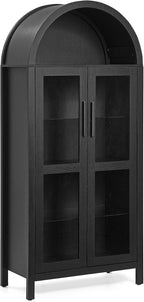 Tall Arched Cabinet with Doors, Black Arch Bookcase Shelves Led Lights, Wooden Pantry Storage Cabinet with Adjustable Glass Partitions for Kitchen Dining Room (Black)