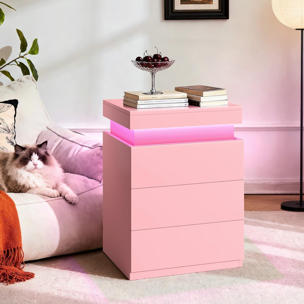 ADORNEVE Pink Nightstand with Charging Station and LED Lights | Night Stand with Sliding Top,Bedside Table with Drawers,Modern End Side Table for Bedroom