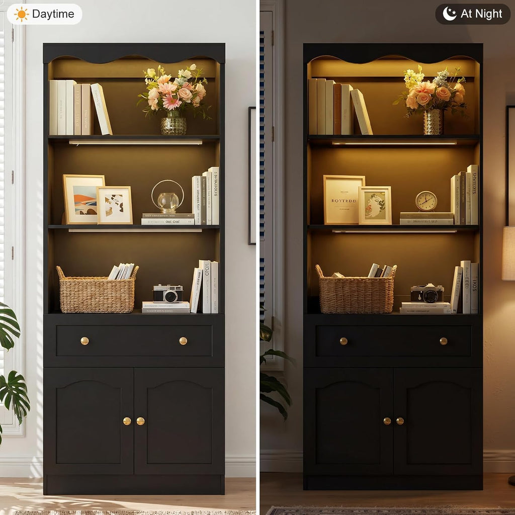 Cyclysio 80" Tall Pantry Cabinet with Motion Sensor LED Lights, Kitchen Storage Cabinet for Coffee Bar and Dining Room, Tall Bookshelf with 3.15" Baseboard Cutout, Drawer and Cupboard, Black