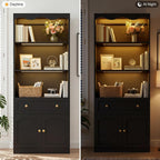 Cyclysio 80" Tall Pantry Cabinet with Motion Sensor LED Lights, Kitchen Storage Cabinet for Coffee Bar and Dining Room, Tall Bookshelf with 3.15" Baseboard Cutout, Drawer and Cupboard, Black