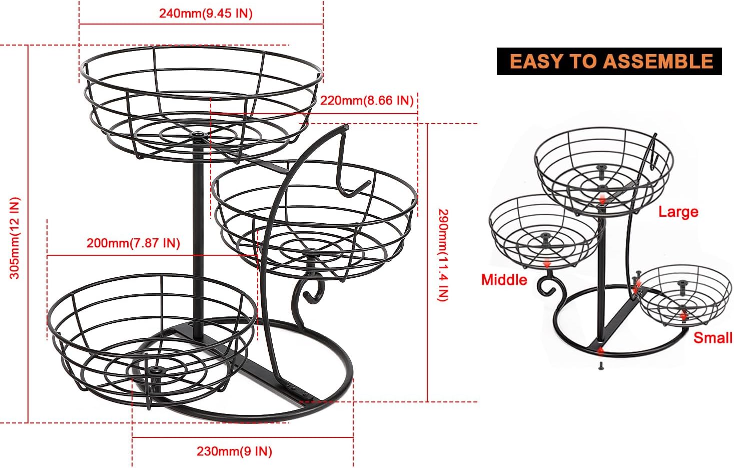 Livabber Fruit Basket Bowl with Banana Hanger, Fruit Vegetable Storage Basket with Banana Tree Holder for Kitchen Counter, Detachable Organizer for Bread Snack Produce (Black, 3-Tier Metal Base)