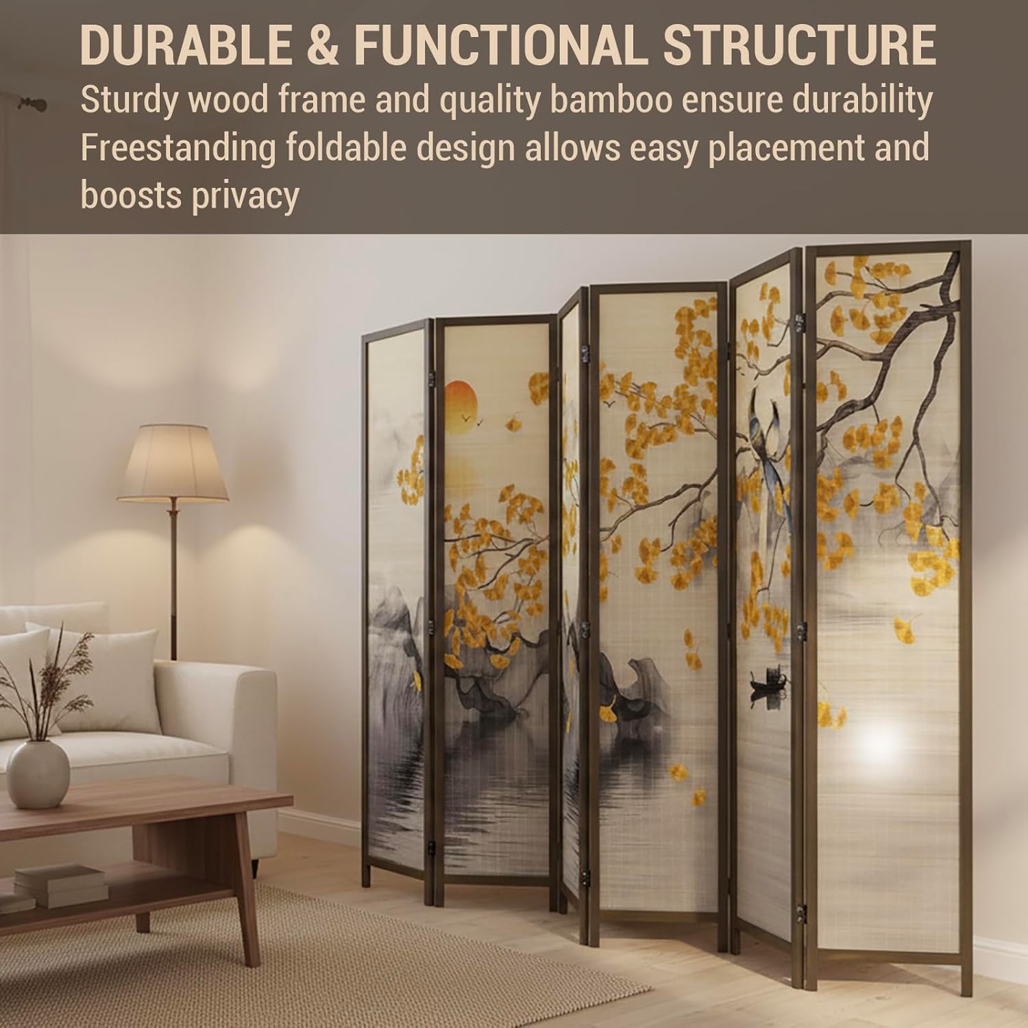 MyGift 6-Panel Large Bamboo Room Divider with Dual-Sided Asian Birds and Gingko Tree Sunset Print, Freestanding Privacy Screen with Brown Solid Wood Frame
