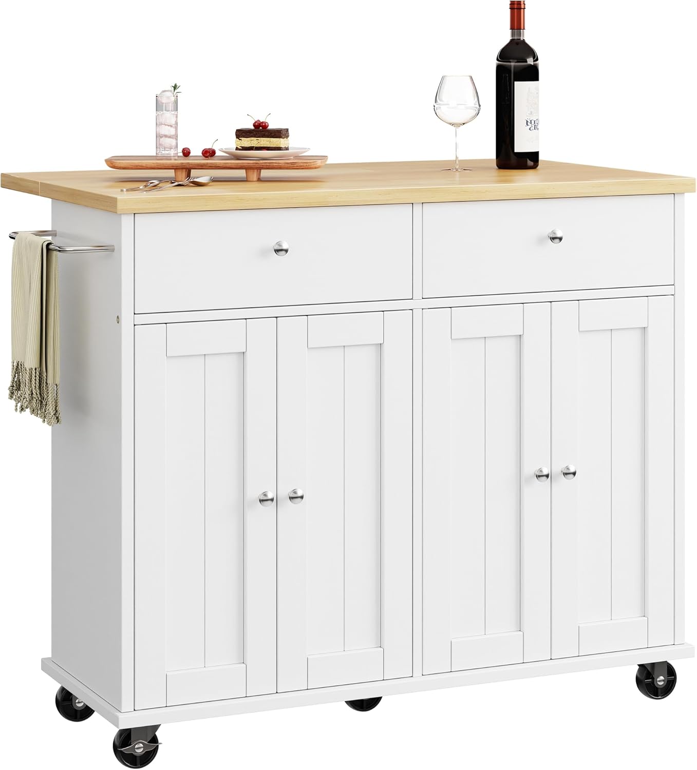 SUNLEI Kitchen Island with Storage, Kitchen Island on Wheels with Drop Leaf, Rolling Kitchen Island Cart with Cabinet and Drawers, Mobile Kitchen Storage Cart for Dining Room, White