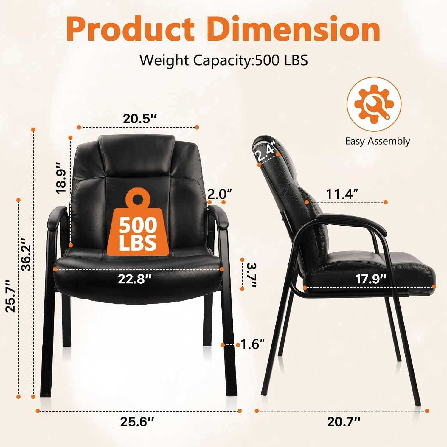 CLATINA Big & Tall 500 lb. Guest Chair, Leather Reception Chairs with Padded Arm Rest for Waiting Room Office Home and Meeting Conference-Black, 6 Pack