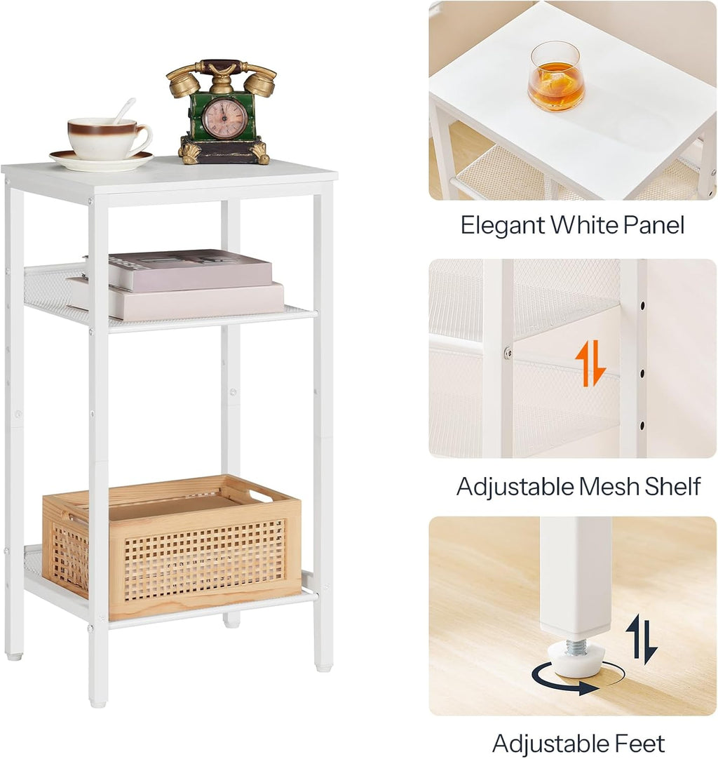 HOOBRO Tall Side Table, 3-Tier Telephone End Table with Adjustable Mesh Shelves, Small Entryway Table with Storage, Small Nightstand for Living Room, Bedroom, Hallway, Office, White WW01DH01G1