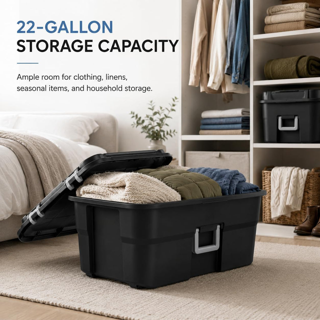 31.4" Black Plastic Storage Footlocker - Heavy-Duty Trunk with Wheels & Lockable Latches - for Camping, College Dorms & Home Organization