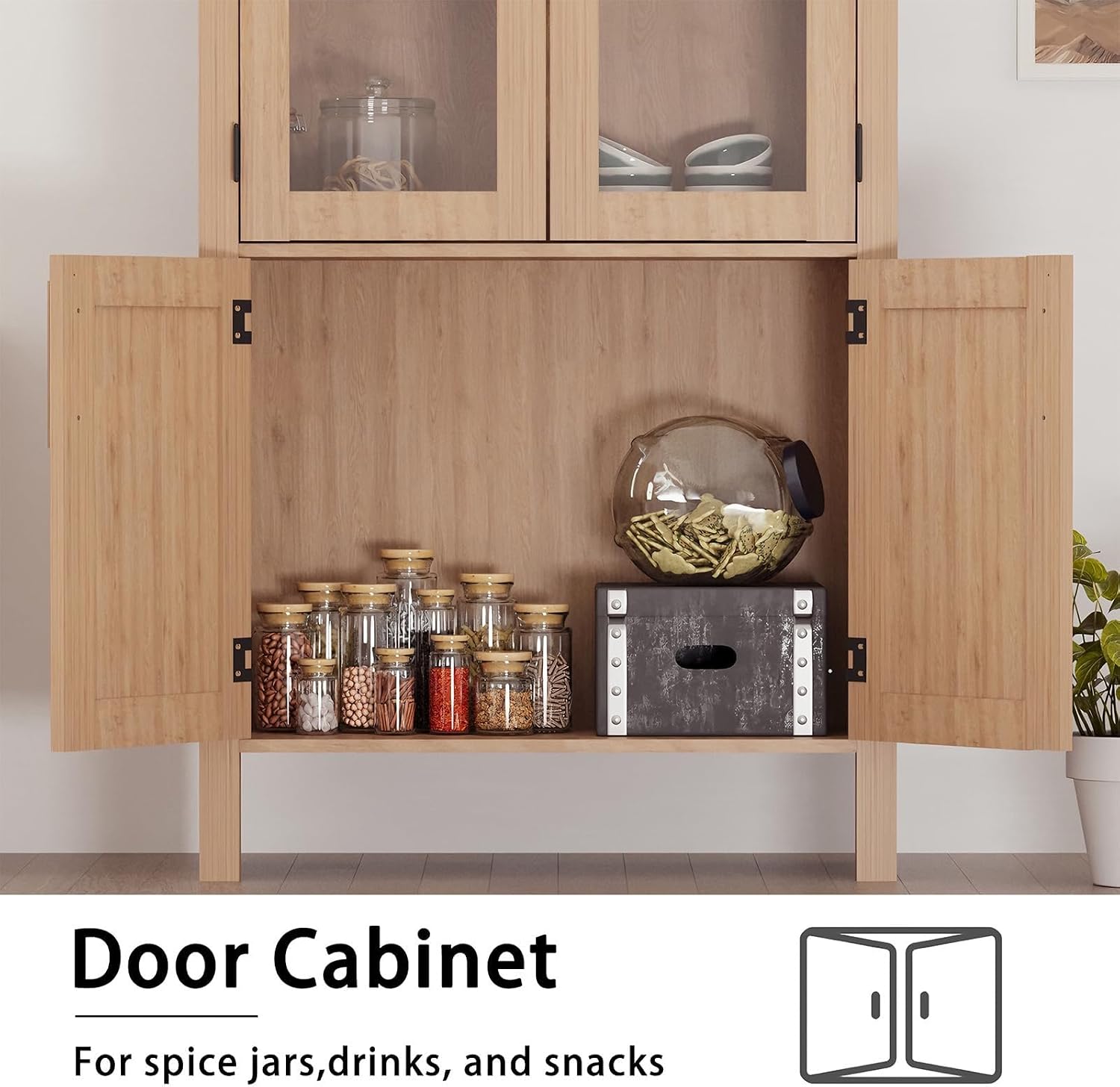 Jojoka Arched Pantry Cabinet, 60" Tall Farmhouse Kitchen Storage Cabinet with Glass Doors & X-Design, Tall Narrow Accent Cabinet with 4 Doors, Wood Display Cabinet for Dining Room, Living Room, Entry