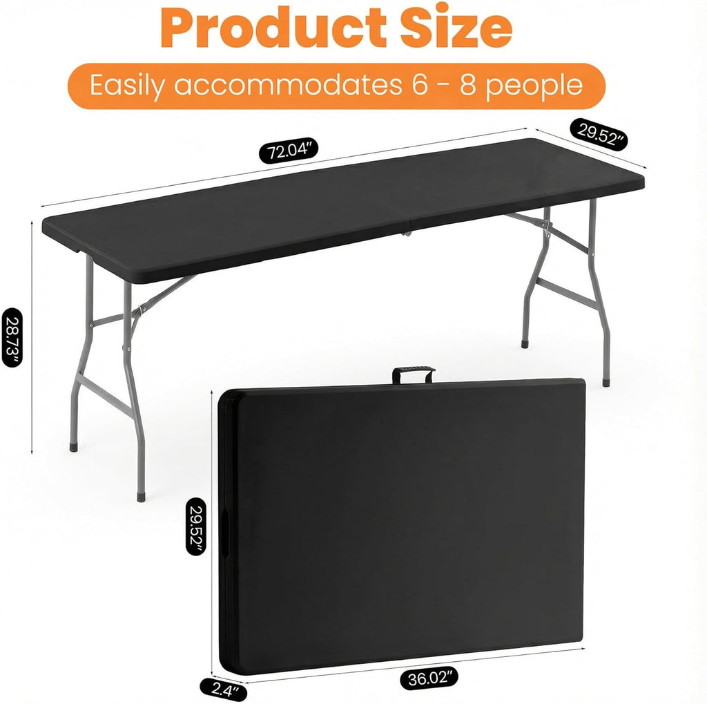 2 Pack Folding Table 6FT Heavy Duty Plastic Utility Table with Carrying Handle for Camping, Party, Picnic, BBQ, Banquet, Folds in Half for Easy Storage, No Assembly Required, Black