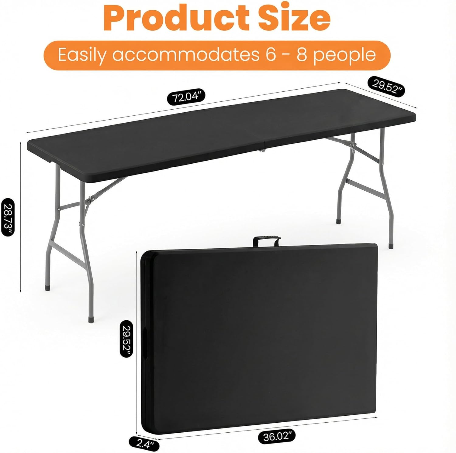 2 Pack Folding Table 6FT Heavy Duty Plastic Utility Table with Carrying Handle for Camping, Party, Picnic, BBQ, Banquet, Folds in Half for Easy Storage, No Assembly Required, Black