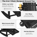 Adirondack Rocking Chair with Retractable Ottoman,Outdoor Folding Adirondack Chair with Cup Holder,HDPE All-Weather Patio Lounge Chair for Porch,Lawn, Poolside, Black