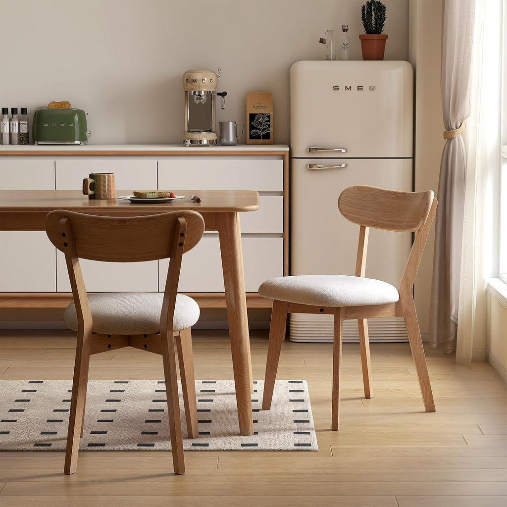 100% Solid Oak Dining Chairs, Mid Century Modern Dining Chair with Curved Backrest, Fabric Upholstered Dining Chairs for Kitchen, Study, Living Room (4, Original Wood-Pear White Cushion)