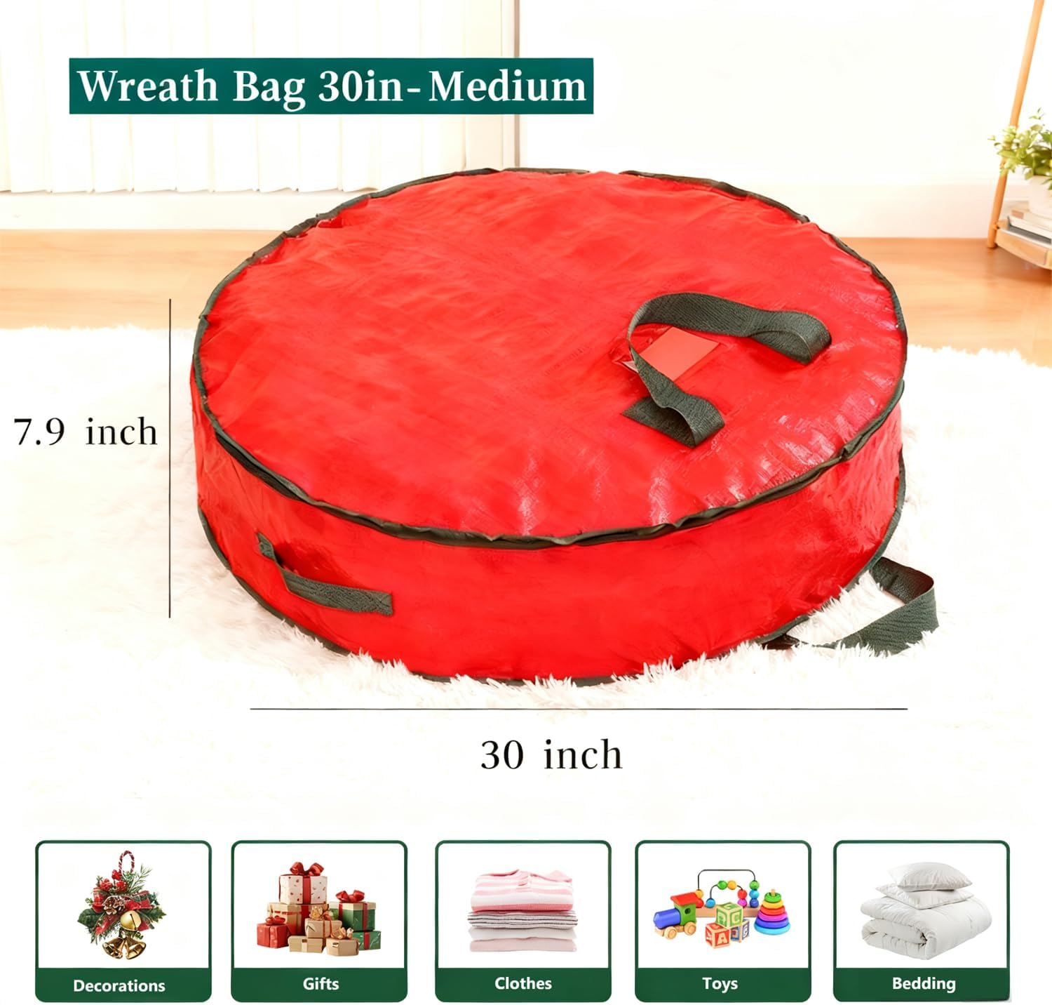 2 Pack 30" Wreath Storage Bags, Heavy Duty Christmas Wreath Organizer with Zipper & Handles, Large Holiday Storage for Wreaths, Garland & Greenery