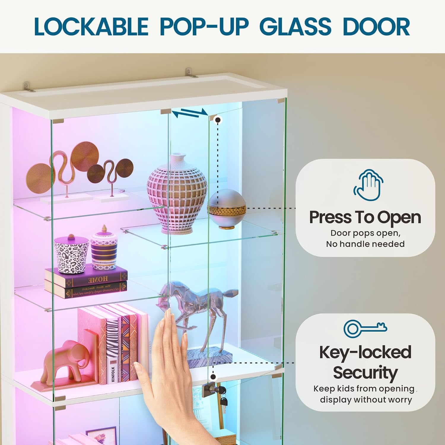 Lvifur 71'' Glass Display Cabinet - with RGB Lights,10-Tier Curio Cabinet with Glass Doors,Lockable Figure Display Case with Human Body Sensor,Tall Showcase Cabinets for Collectibles,White