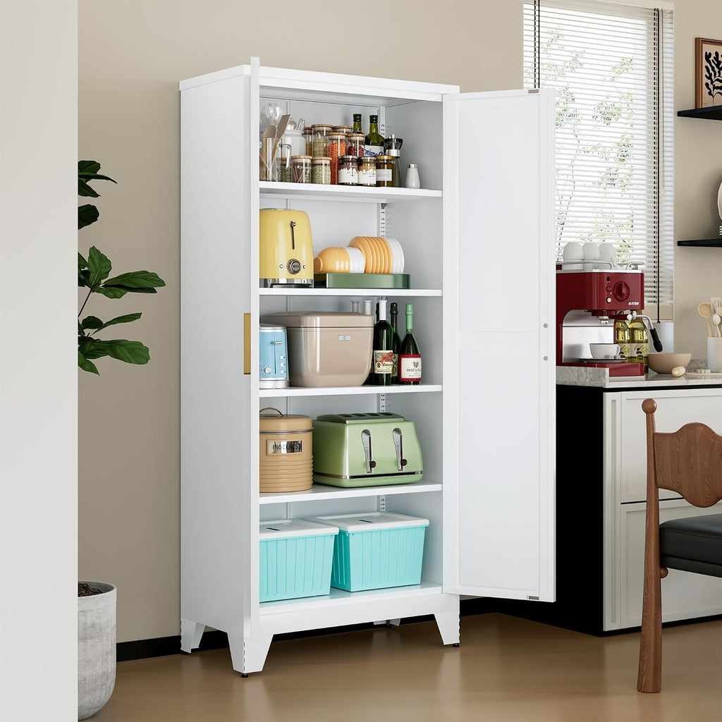 LCAOPC 71" Tall Metal Storage Cabinet with 2 Doors and 4 Adjustable Shelves, 5-Tier Kitchen Pantry Storage Cabinet for Kitchen, Living Room, Dining Room and Office, White