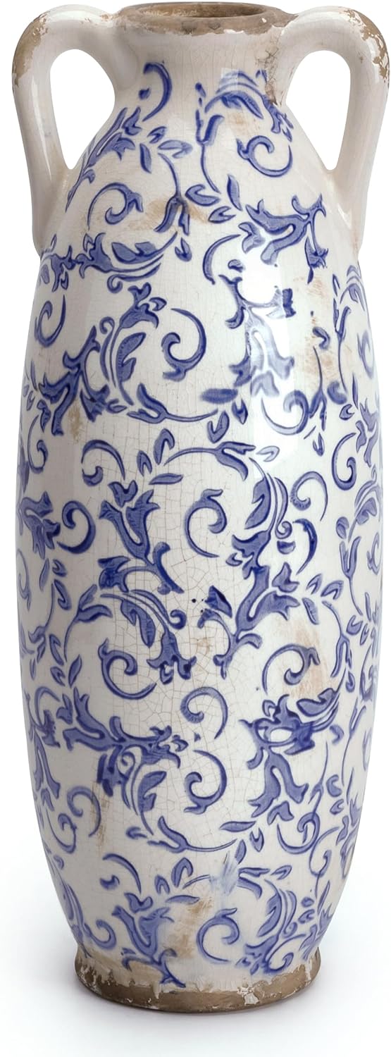 VICTOR & TERESA Blue and White Floor Vase for Pampas Grass, 14'' Tall Vase for Home Decor, Ceramic Farmhouse Decorative Large Vases for Flower, Mantel, Living Room, Shelf, Centerpieces, Gift for Her