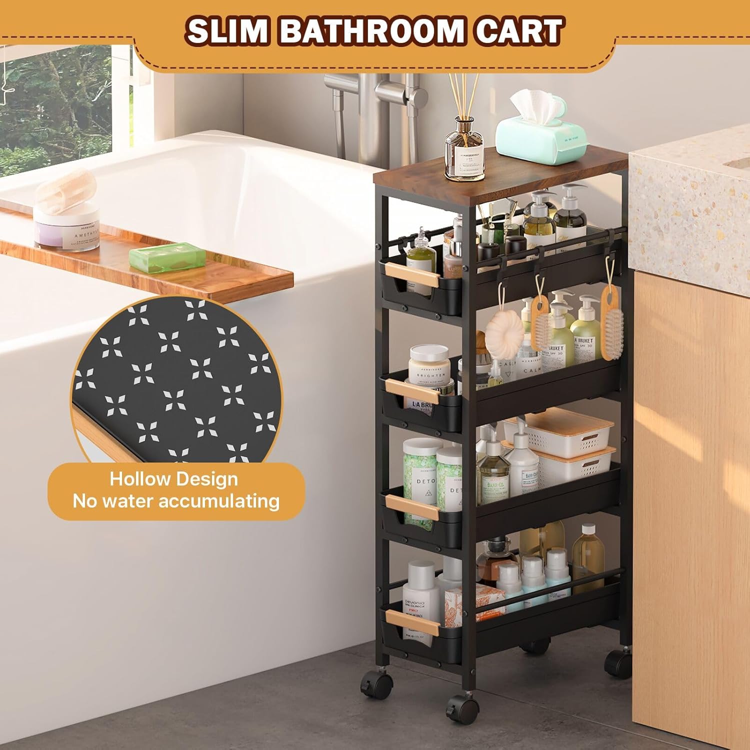 SUNALLY Slim Storage Cart with Pull-Out Baskets, 5-Tier Rolling Kitchen Cart with Wooden Top & Lockable Wheels, Narrow Space Utility Cart Organizer for Kitchen, Bathroom, Laundry Room, Black