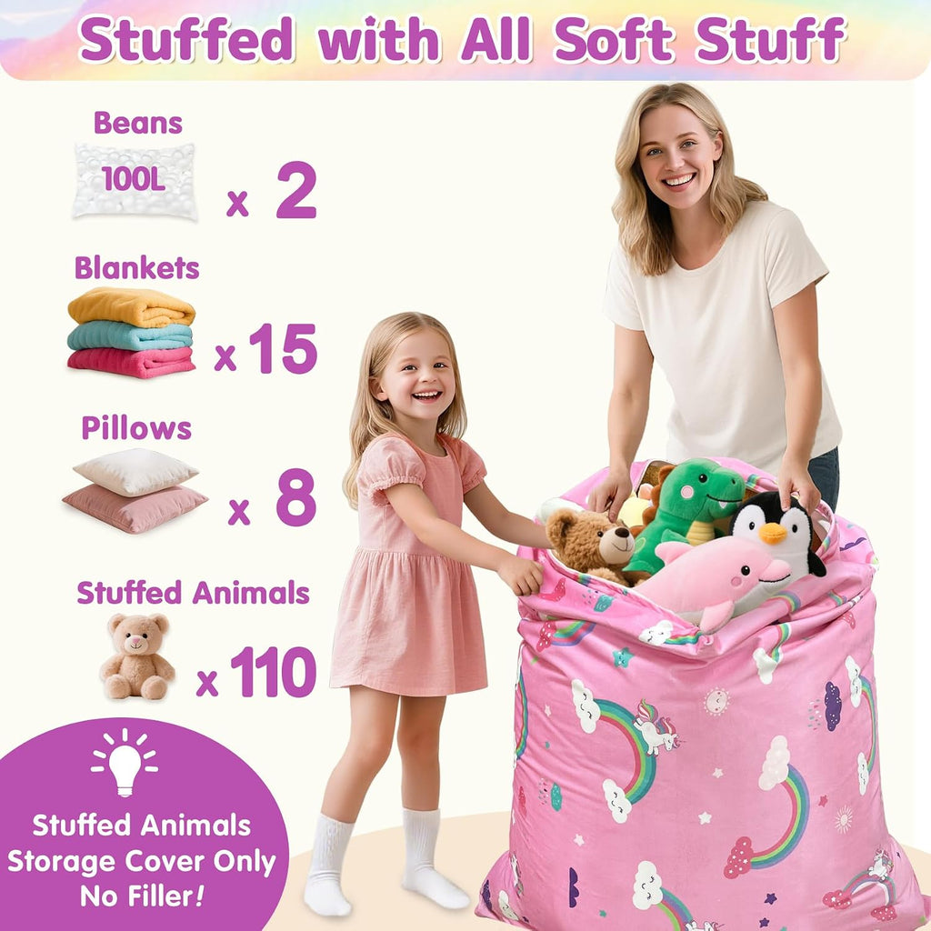 Jorbest Unicorns Stuffed Animals Storage Bean Bag Chair for Kids and Adults, Unicorns Rainbow Bean Bag Stuffed Animals Storage, Luxury Velvet Stuffie Seat - Cover ONLY (200 L/52 Gal, Rainbow)