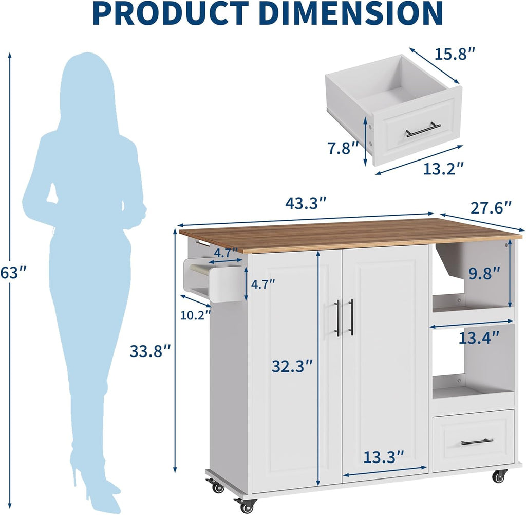 IDEALHOUSE Rolling Kitchen Island on Wheels, 48'' Mobile Kitchen Cart with Drop Leaf, Butcher Block Island with Open Shelf, Drawer, Spice Rack, Wood Top, and Lockable Wheels