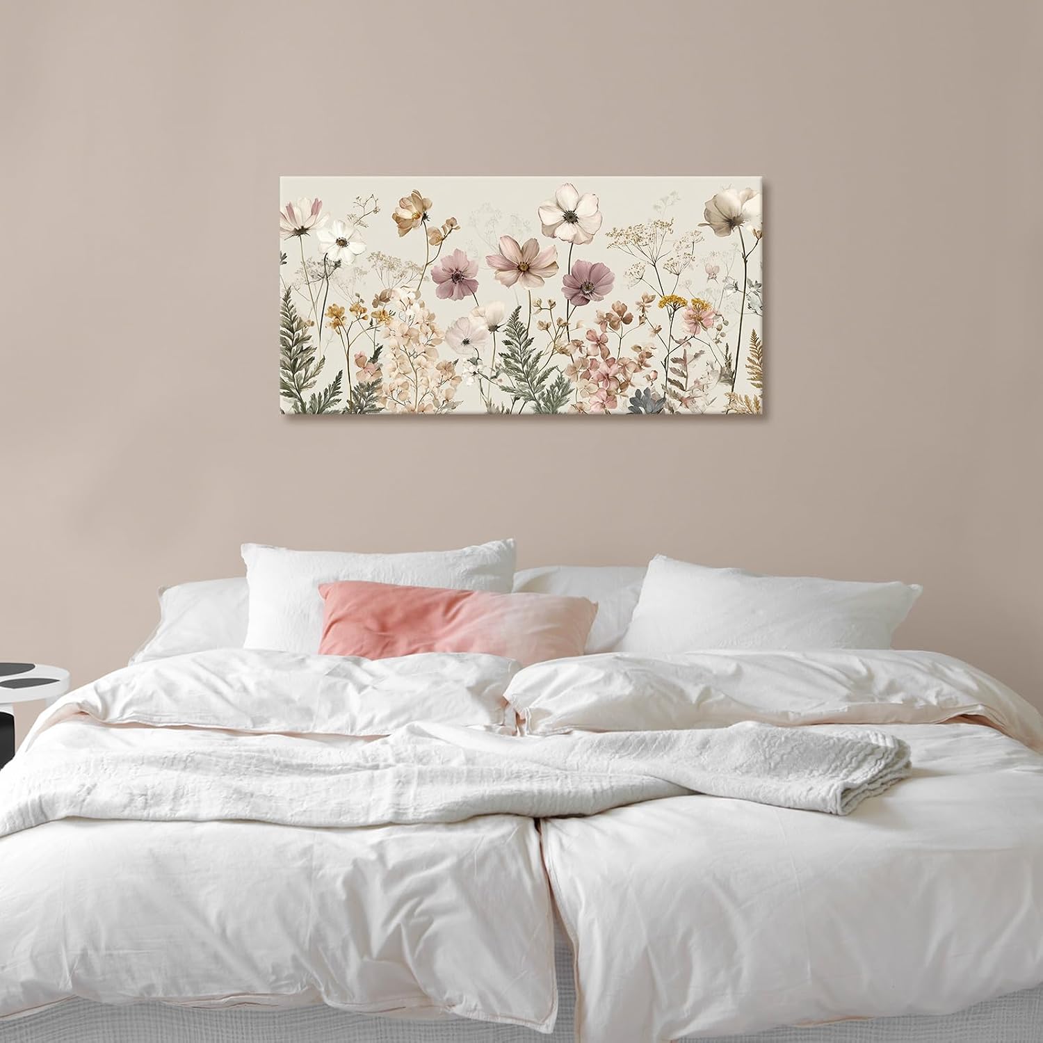 BewDalky Vintage Wildflower Canvas Wall Art Rustic Farmhouse Botanical Floral Landscape Painting Beige Pink Watercolor Meadow Flower Artwork Prints for Bedroom Living Room Aesthetic Home Decor 12"x24"