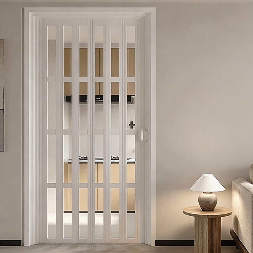 Tall White Sliding Accordion Doors with Handles & Acrylic Glass, Double Magnetic Folding Door, Customizable Size, Folding Double Doors for Closet Bathroom RV Doorway, Easy to Install, 88" Wx70 H