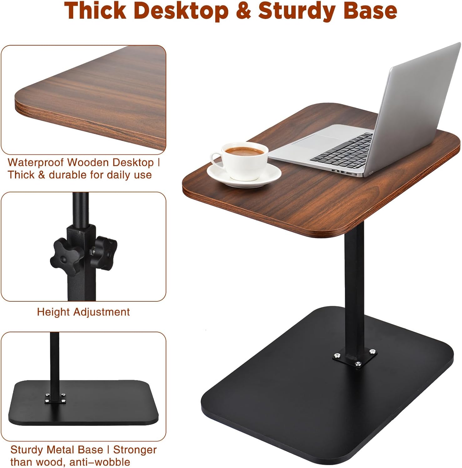 Side Table, Couch Side Table, C Table Adjustable Swivel Sofa Tray Table with Heavy Metal Base, 11.8×15.7in C Shaped End Table for Couch, Bed, or Living Room