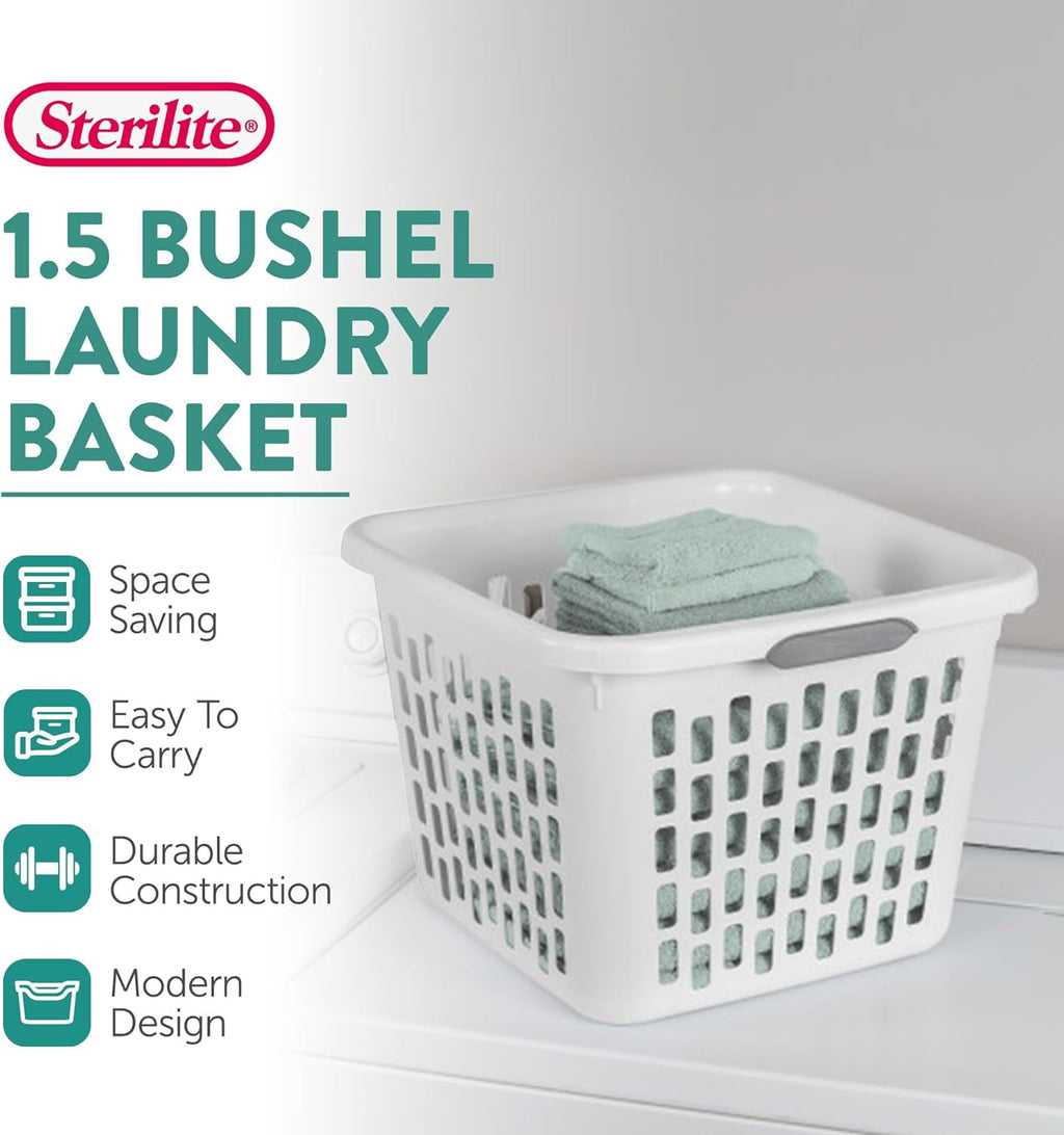 Sterilite 6-Pack 1.5 Bushel Capacity Square Laundry Basket, White – Plastic Clothes Hamper Storage with Ventilated Rectangular Holes & Large Comfort Grip Handles for Easy Carry