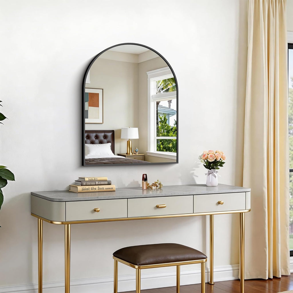 CIRCUMI Arched Wall Mirror 24"x30", Black Metal Frame with Tempered Glass, Large Size Mirror for Bathroom, Over Sink, Living Room, Entryway, Shatterproof & Crystal Clear Black Arched Mirror