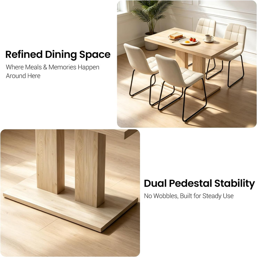 Modern 5-Piece Dining Table Set for 4, 46" Pedestal Dining Room Table with 4 Leather Chairs, Small Space Saving Kitchen Table Set, Natural Wood Finish Rectangle Table for Home & Apartment