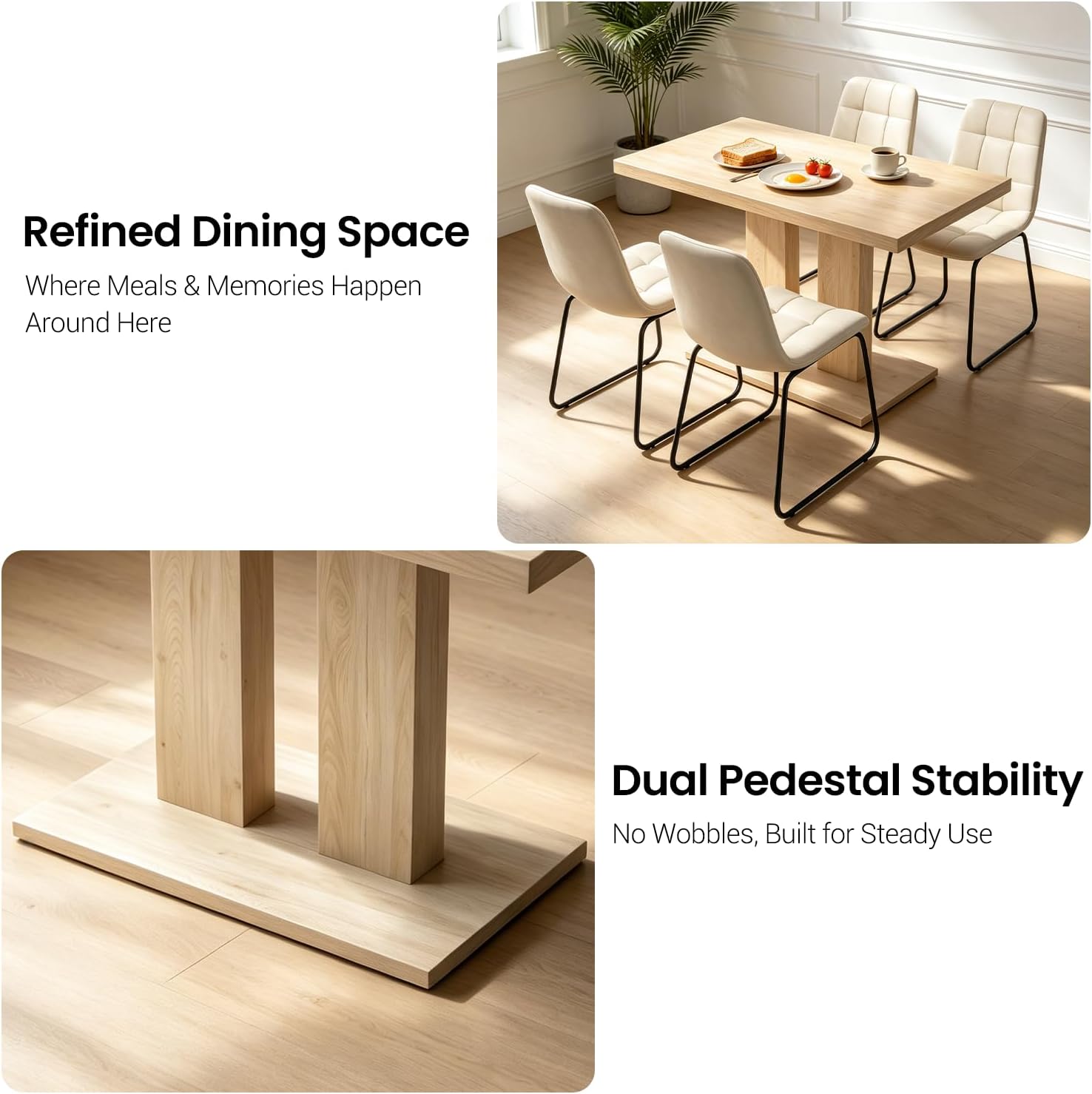 Modern 5-Piece Dining Table Set for 4, 46" Pedestal Dining Room Table with 4 Leather Chairs, Small Space Saving Kitchen Table Set, Natural Wood Finish Rectangle Table for Home & Apartment