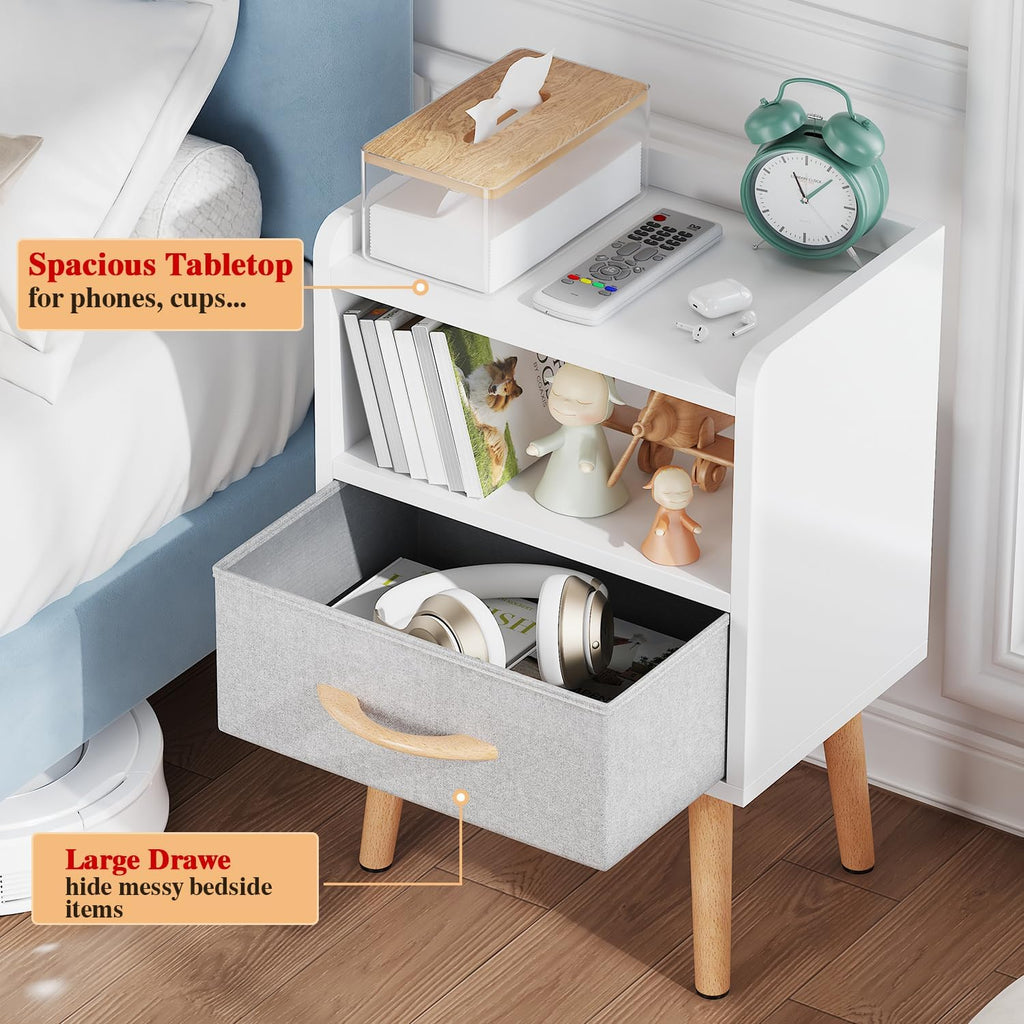 White Nightstand with Drawer, Small Wood Bedside Table, Kids Nightstand | Mid Century Modern Nightstand, Small Bedside Table for Bedroom, Kids Room & Small Spaces.