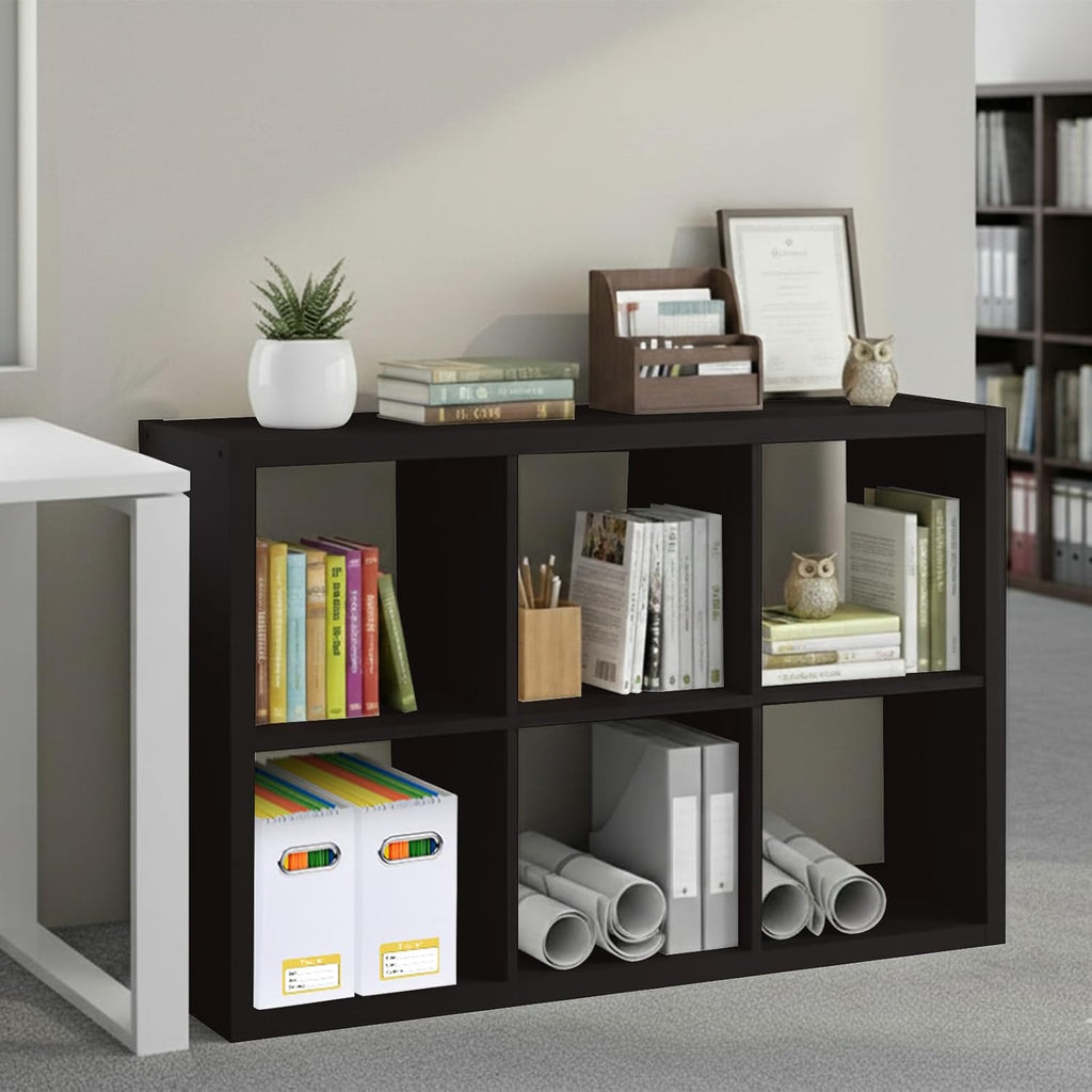 BALEINE Book Shelf, 1.2" Extra Thick Frame Bookshelf, Reversible 6-Cube Storage Organizer with Open Back, 14.6" x 43.8" x 30", for Living Room, Bedroom, Home Office (Black Dark Oak)