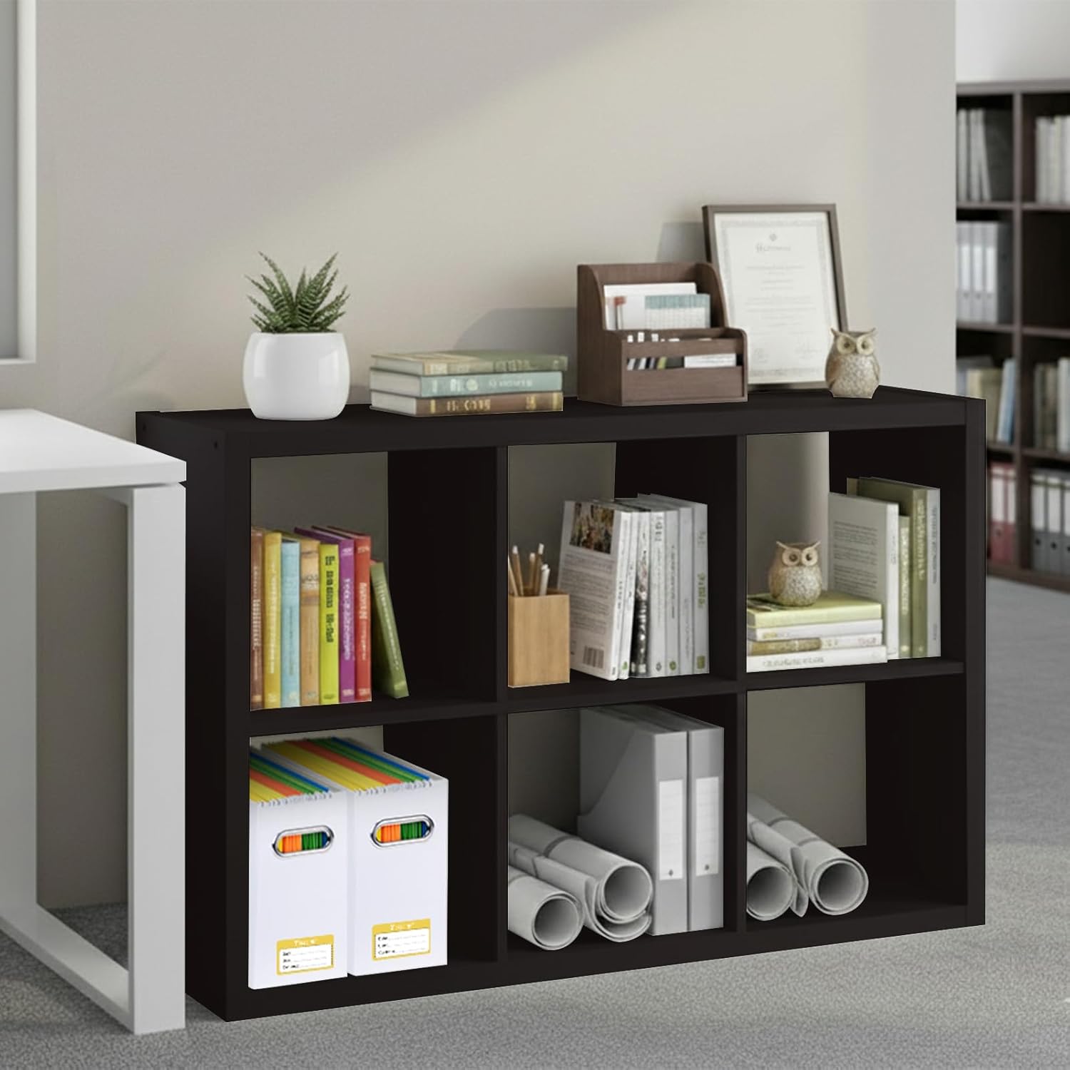 BALEINE Book Shelf, 1.2" Extra Thick Frame Bookshelf, Reversible 6-Cube Storage Organizer with Open Back, 14.6" x 43.8" x 30", for Living Room, Bedroom, Home Office (Black Dark Oak)