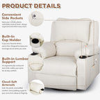 Faux Leather Rocker Recliner with Heat and Massage Cup Holders, Overstuffed Rocking Recliner Swivel Glider Chair for Nursery Heated Massaging Reclining Chair, Cream White