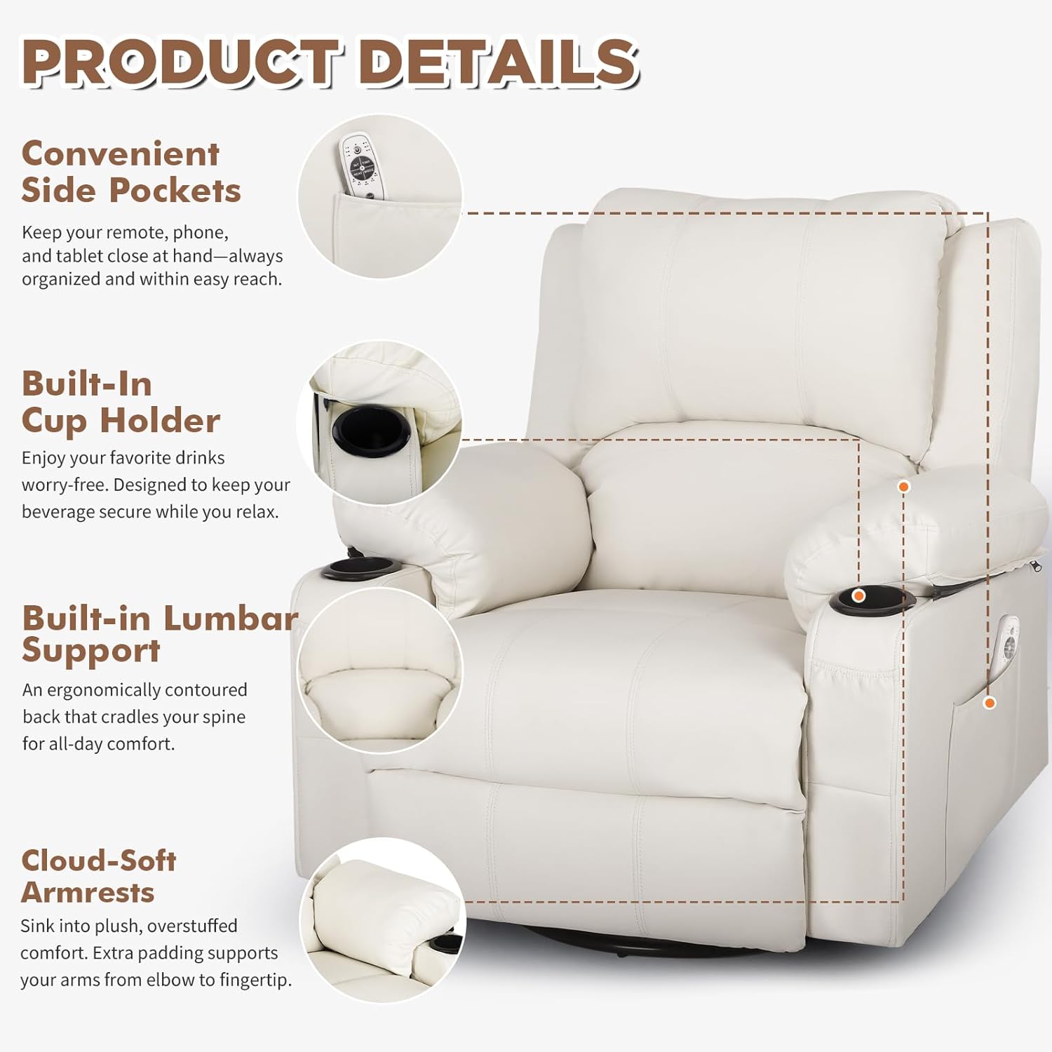 Faux Leather Rocker Recliner with Heat and Massage Cup Holders, Overstuffed Rocking Recliner Swivel Glider Chair for Nursery Heated Massaging Reclining Chair, Cream White