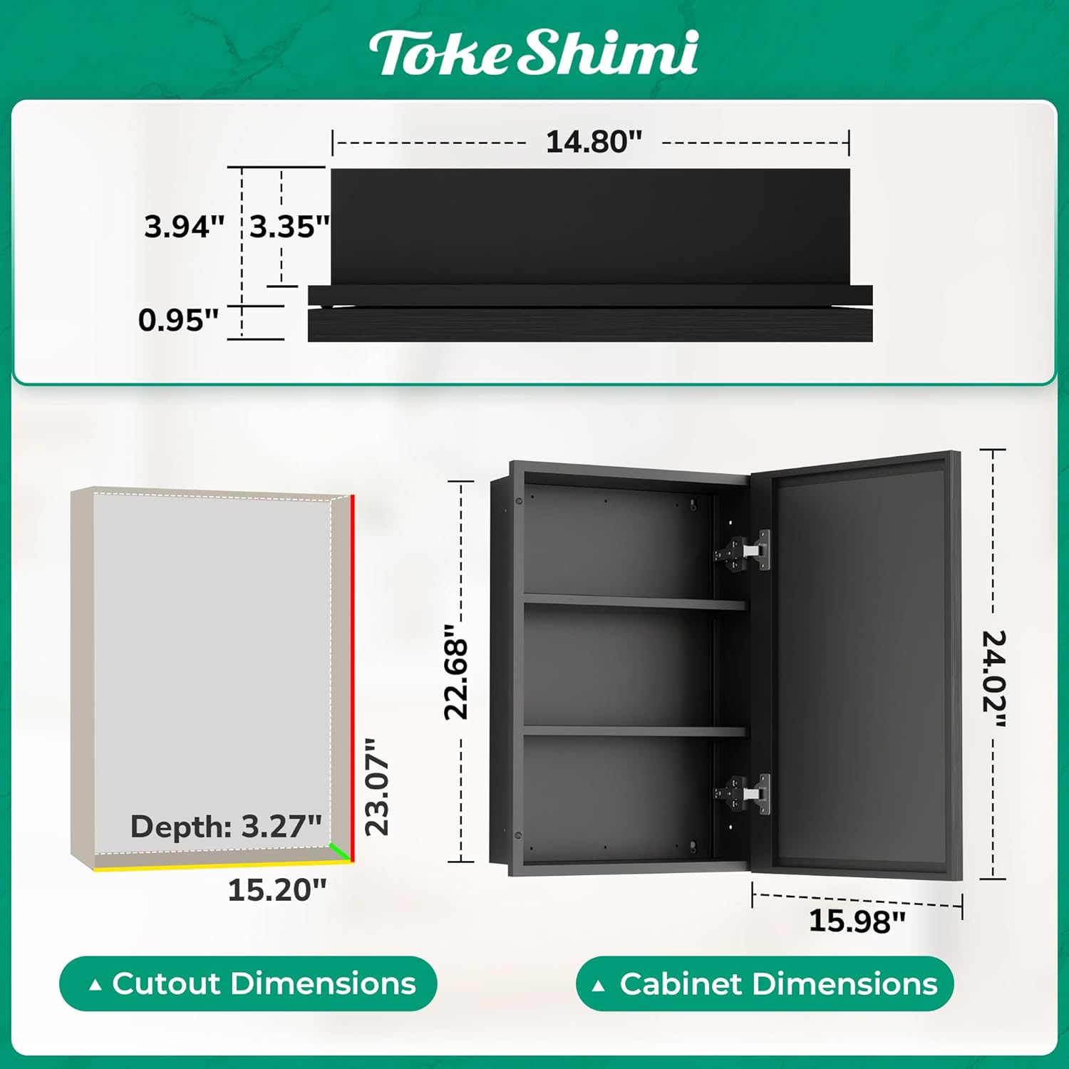 TokeShimi 16x24 Recessed Medicine Cabinet with Mirror Surface Mounted, Metal Beveled Mirror with Storage for Bathroom Vanity, Aluminum Black Medicine Cabinet Mirrored