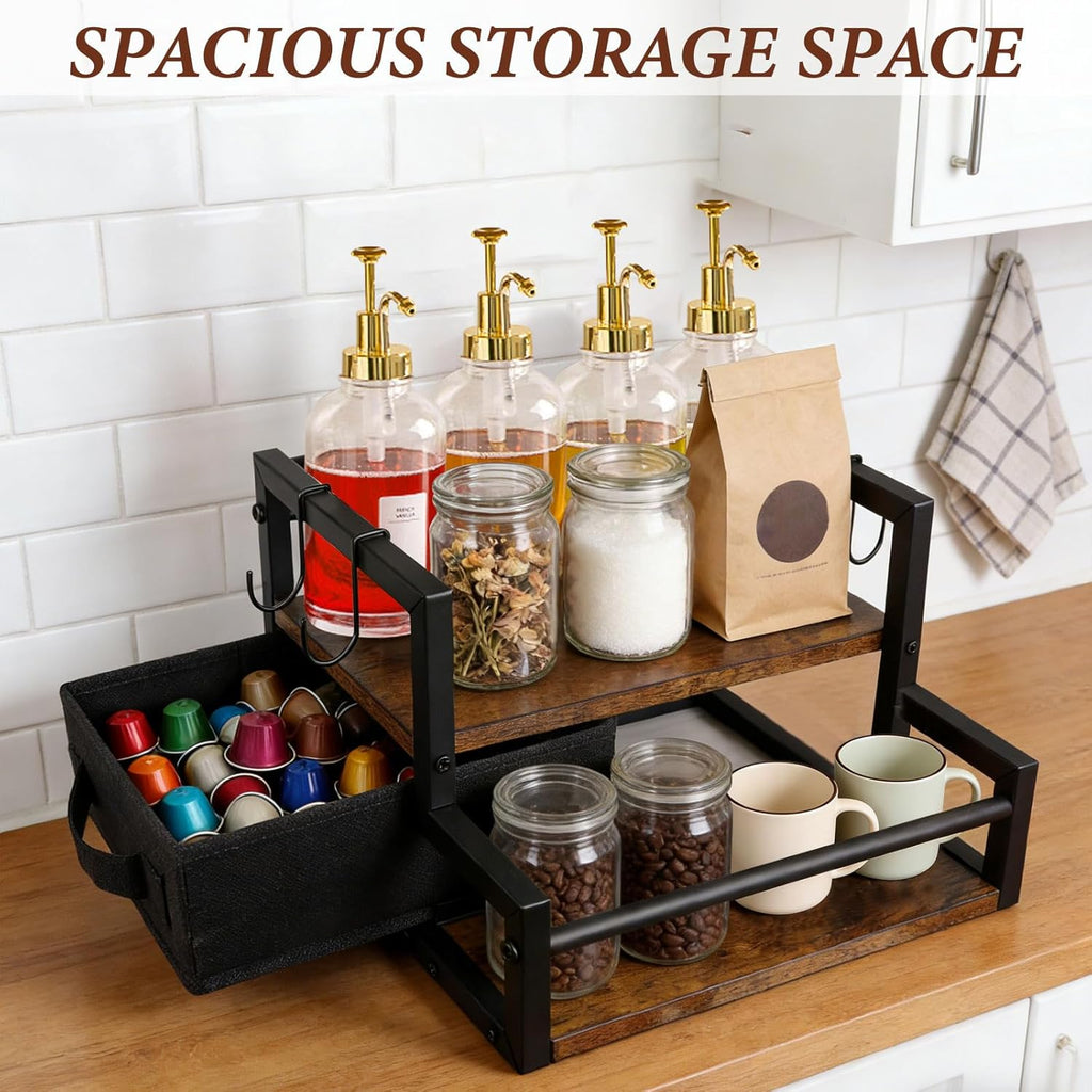 2-Tier Coffee Syrup Organizer Rack, Holds 12 Bottles Syrup Rack with Coffee Capsules Storage Drawer, Kitchen Countertop Organizer for Coffee Bar Station, Home, Wine Rack