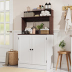 MHOM Farmhouse Bar Cabinet with Storage, Coffee Station Cabinet with 5 Hooks, Small Coffee Bar for Kitchen & Living Room, Antique White