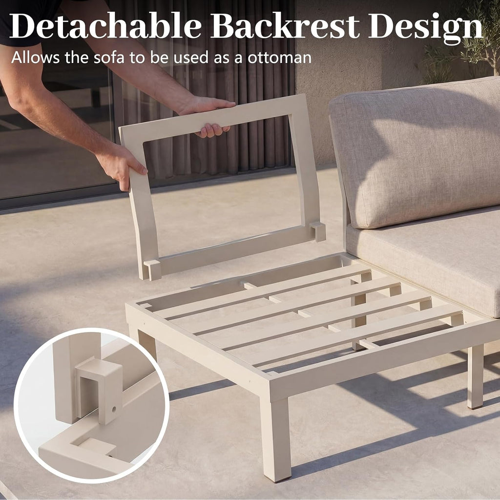 3-Seat Modular Aluminum Outdoor Sofa, Adjustable Reclining Design with Removable Side Table, All-Weather Patio Furniture Set with Water-Resistant Cushions for Backyard Poolside, Beige
